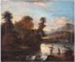 A Landscape With Two Men Fishing Beside A River