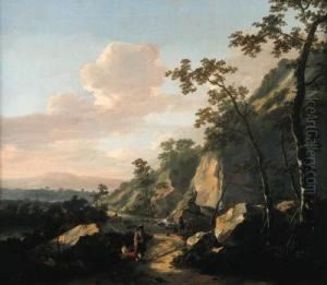 A Rocky Landscape With Travelers On A Path, Fishermen By Awaterfall Beyond.