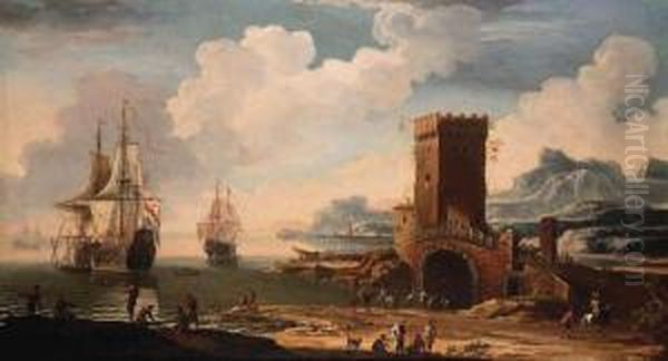 A Mediterranean Harbour With A
Dutch Squadron Off The Coast Andfisherfolk On The Shore By A Castellated
Tower - view 1