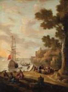 A Mediterranean Coastline With Travellers On The Shore, Aman-o'-war Beyond by Jacob De Heusch