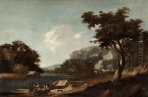 Flodlandskap Med Figurer Och Hundar by Willem de Heusch