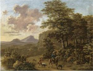 An Italianate Landscape With Huntsmen And Their Hounds On A Road Beside A River by Willem de Heusch