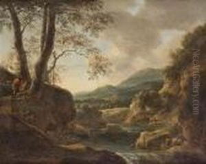 An Italianate Landscape At Dusk With Shepherds Resting On A Riverbank Above A Waterfall