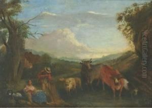 Shepherds With Cattle And Sheep Watering In A Wooded Landscape