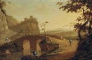 A Landscape With Travellers Crossing A Bridge, A Hilltop Housebeyond
