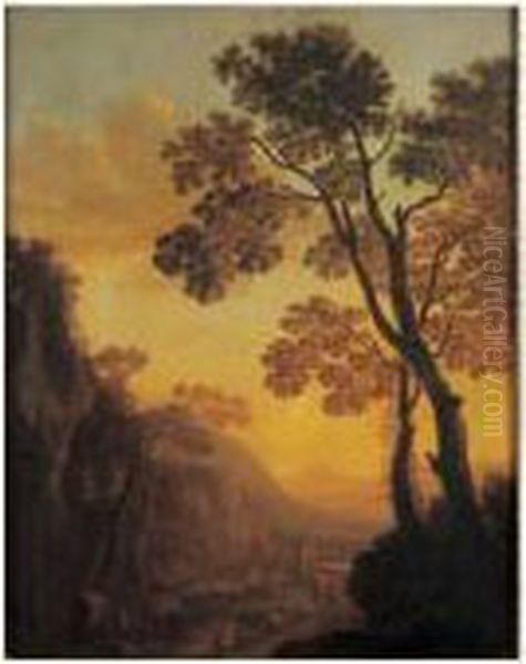 Berger Et Son Troupeau Dans Un Paysage Au Coucher Du Soleil - view 1