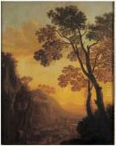 Berger Et Son Troupeau Dans Un Paysage Au Coucher Du Soleil by Willem de Heusch