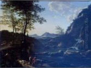 River Landscape With Peasants Driving Goats In The Foreground by Willem de Heusch