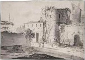 A Seated Peasant And Another Riding A Mule, By Italianate Buildings