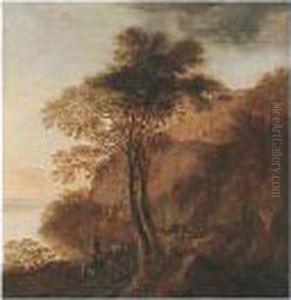 A Southern Landscape With 
Drovers And Their Mules On A Path Beside A Lake, A House On The Hill-top
 Beyond