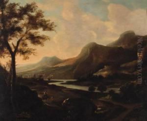 A Valley At Sunset With Peasants On A Track
