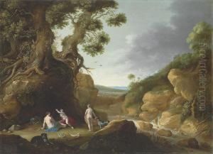 Diana And Her Nymphs In An Extensive, Wooded River Landscape