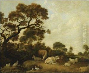 Horses, Cows, A Goat And Sheep In A Wooded Landscape, Near Apond With Ducks by Gillis Claesz De Hondecoeter