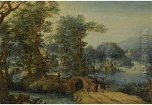 A Wooded Landscape With Christ On The Road To Emmaus by Gillis Claesz De Hondecoeter