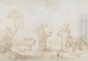Ruinen In Einer Landschaft Mit Figurenstaffage