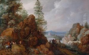 Viaggiatori In Un Paesaggio Di Montagna by Gillis Claesz De Hondecoeter