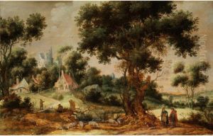 Baumlandschaft Mit Hausern Im Jungwald Und Figurenstaffage Im Vordergrund by Gillis Claesz De Hondecoeter