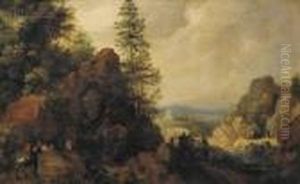 Travelers In Mountainous Terrain by Gillis Claesz De Hondecoeter