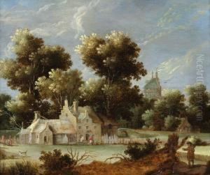 A Rural Landscapewith Figures Standing Outside A Tavern