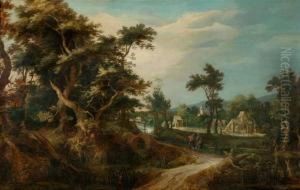 Wooded Landscape With Village And Two Walkers.
