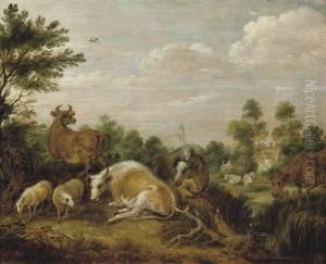 Cows And Sheep In A Landscape, A Church And Houses Beyond Cows And Sheep In A Landscape, A Church And Houses Beyond