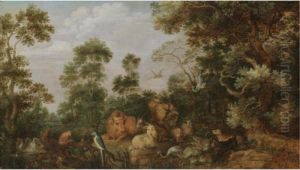 A Paradise Landscape With Cows, Goats, Dogs, Parrots And Swans by Gillis Claesz De Hondecoeter