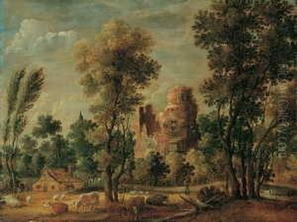 Baumlandschaft Mit Ruine, Kuhen Und Schafen - view 1
