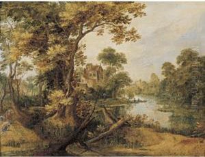 A Wooded River Landscape With Hunters And Two Dogs On A Path, A Town Beyond