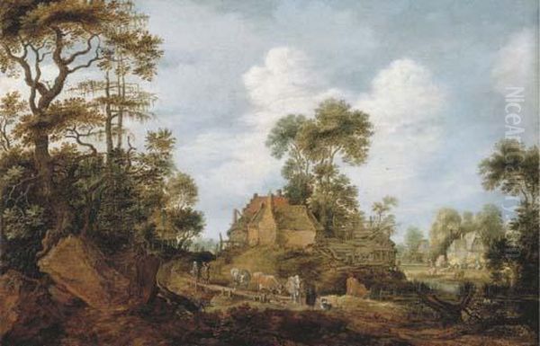 A Herdsman Driving Cattle To Water And Travellers On A Road, Avillage Beyond - view 1