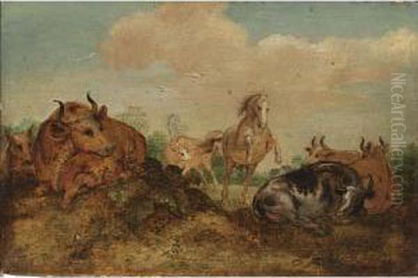 Cows And Horses In A Summer Landscape - view 1