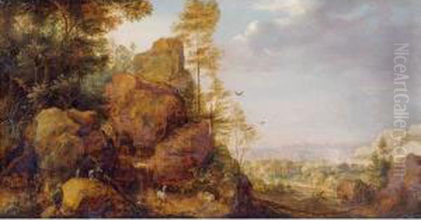A Mountainous Landscape With A
Rocky Outcrop By The Edge Of A Wood, Goats And A Reindeer Resting By A
Waterfall, A Village In An Extensive Landscape Beyond - view 1