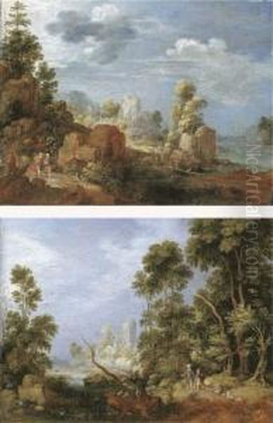 A Wooded River Landscape With
Travellers And A Dog On A Path, Cattle By A Ford Beyond; And A Wooded
River Landscape With Figures On A Path - view 1