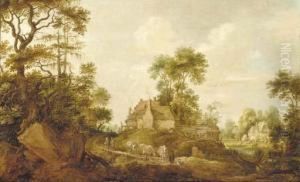 A Wooded Landscape With A Drover And Cattle On A Track