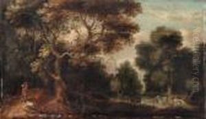A Wooded River Landscape With A
Traveller And A Dog On A Path,cattle Watering And Figures Resting, A
Church Beyond
Signed With Initials 'g. Dh' ('dh' Linked) by Gillis Claesz De Hondecoeter