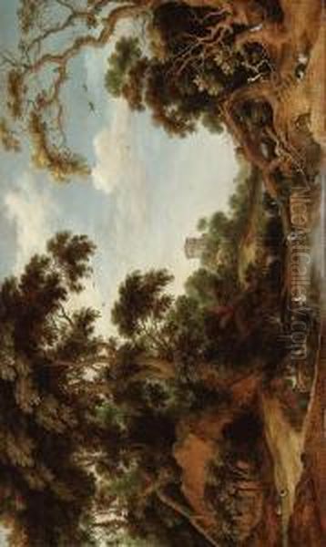 A Wooded Landscape With Animals And A Ruined Tower, A Townbeyond - view 1