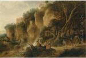 A Rocky Wooded Landscape With Travellers And Their Donkeys On A Path by Gijsbert Gillisz. de Hondecoeter