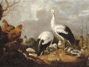 Storks, Mallards, Chickens, A Heron, A Frog And Other Birds In A River Landscape by Gijsbert Gillisz. de Hondecoeter