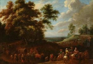 A Cavalry Trainpassing Through A Wooded Landscape by Lambert de Hondt