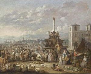 An Italianate Market Scene With Peasants Selling Their Ware Near A Fountain by Lambert de Hondt