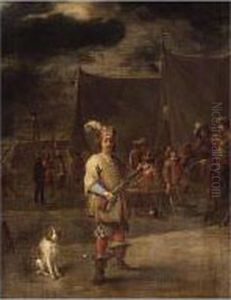 A Military Encampment With A Soldier And Dog Before Tents by Lambert de Hondt