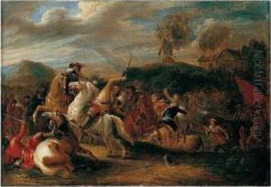 A Battle Scene Before A Burning Windmill by Lambert de Hondt