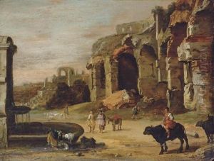 An Italianate Landscape With Figures By Classical Ruins by Charles-Cornelisz de Hooch