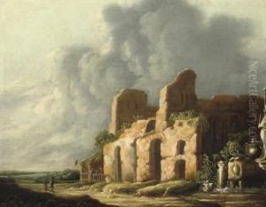 An Italiante Landscape With Ancients Ruins