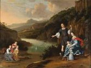 A Group Portrait Of A Family, 
Standing Full-length, In An Italianate Landscape, With Swans On A Lake 
With A Hilltop Fortress And Mountains Beyond