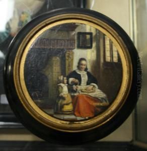 Tondo Dutch Interior With A Lady And Child Preparing Food by Pieter De Hooch