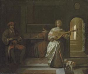 An Elegant Company Making Music In An Interior by Pieter De Hooch