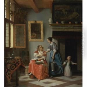 A Woman Handing A Coin To A Serving Woman With A Child