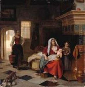 A Mother And Baby In An Interior With A Young Girl And A Maid by Pieter De Hooch