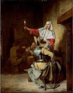 Tavern Interior With A Soldier
Seen From Behind With A Serving Woman Figures
Playing Cards In The Background by Pieter De Hooch