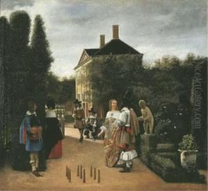 Elegant Figures Playing Skittles In A Landscaped Park by Pieter De Hooch